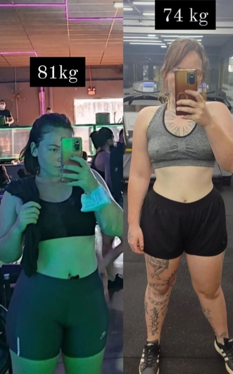 Antes e depois de uma aluna em selfie no espelho da academia: à esquerda com 81 kg, à direita com 74 kg.