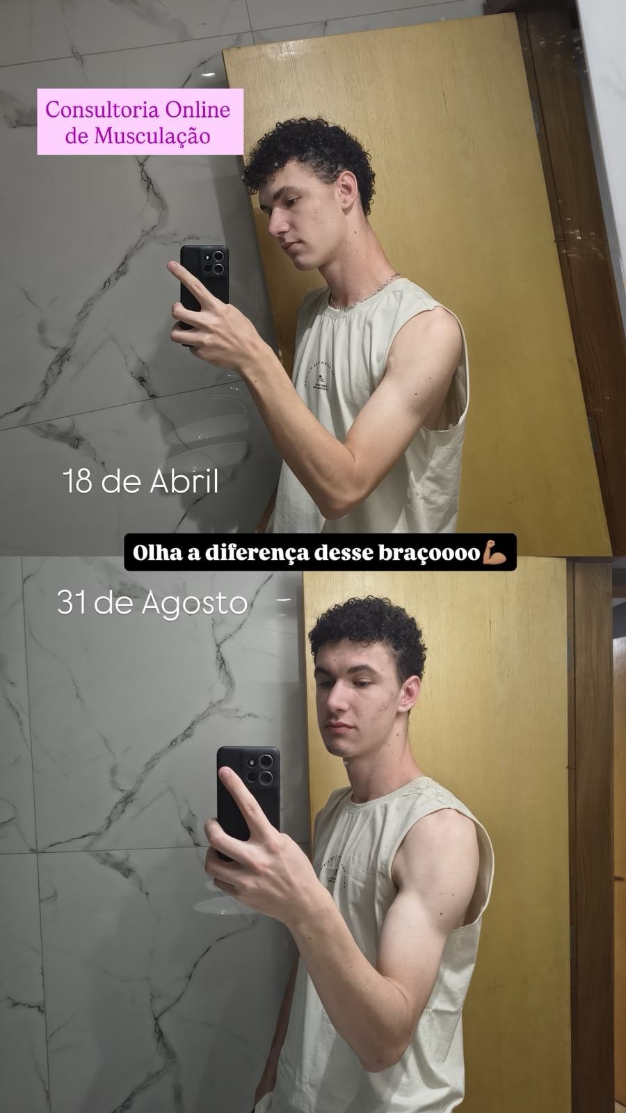 Antes e depois do braço de um aluno da consultoria de musculação, em 18 de abril e em 31 de agosto, com ganho visível de massa no braço.